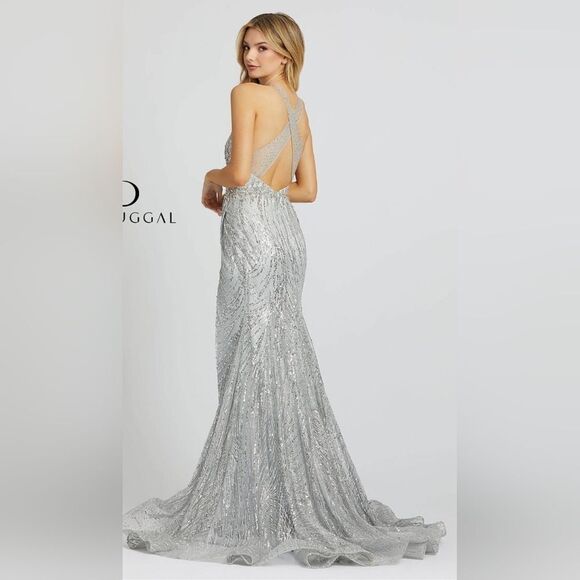 Mac Duggal 30621 Embellished V-neck Thigh Slit Evening Gown NWT sz 10 Silver - Picture 2 of 9